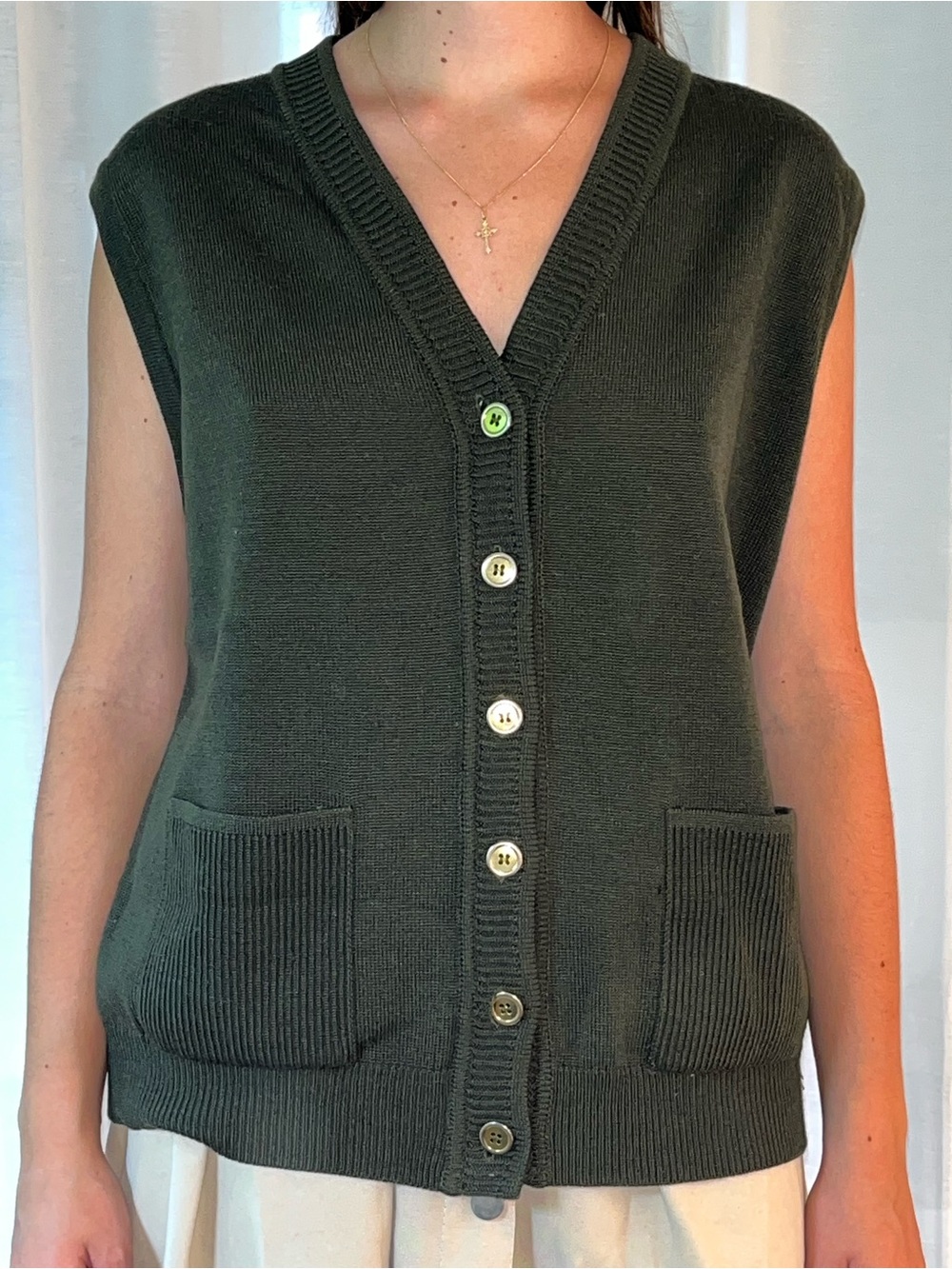 Sleeveless V-Neck Button Front Vest in Olive Green